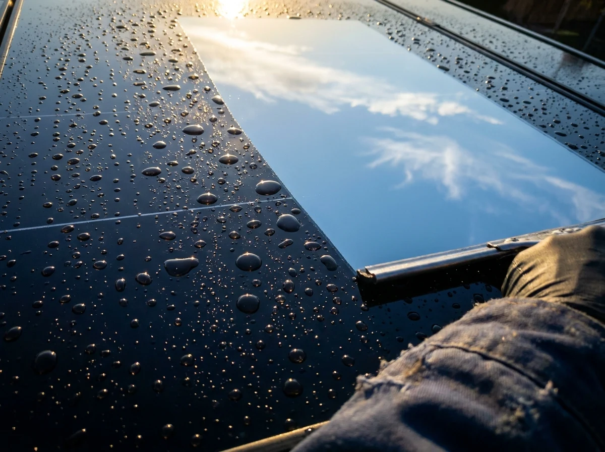 Gereinigtes Solarmodul, in dem sich der Himmel spiegelt