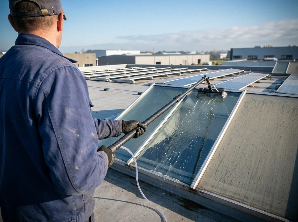 Solarmodule auf einem Flachdach werden mit einer Teleskopbürste gereinigt